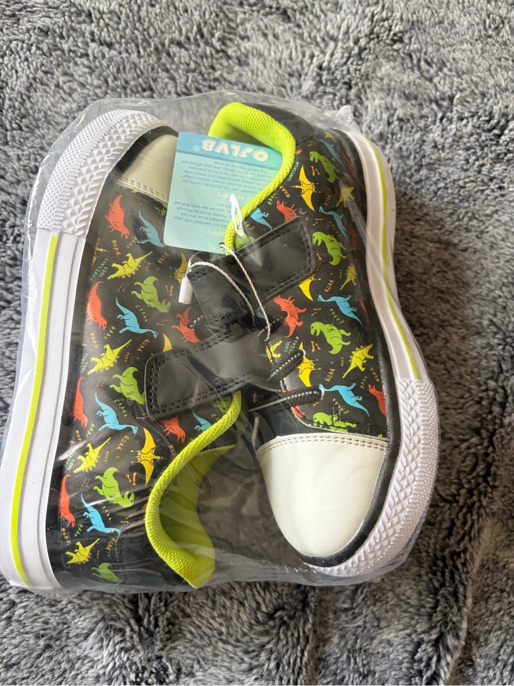 Kids Black Dinosaur Print Velcro Sneakers with Neon Trim